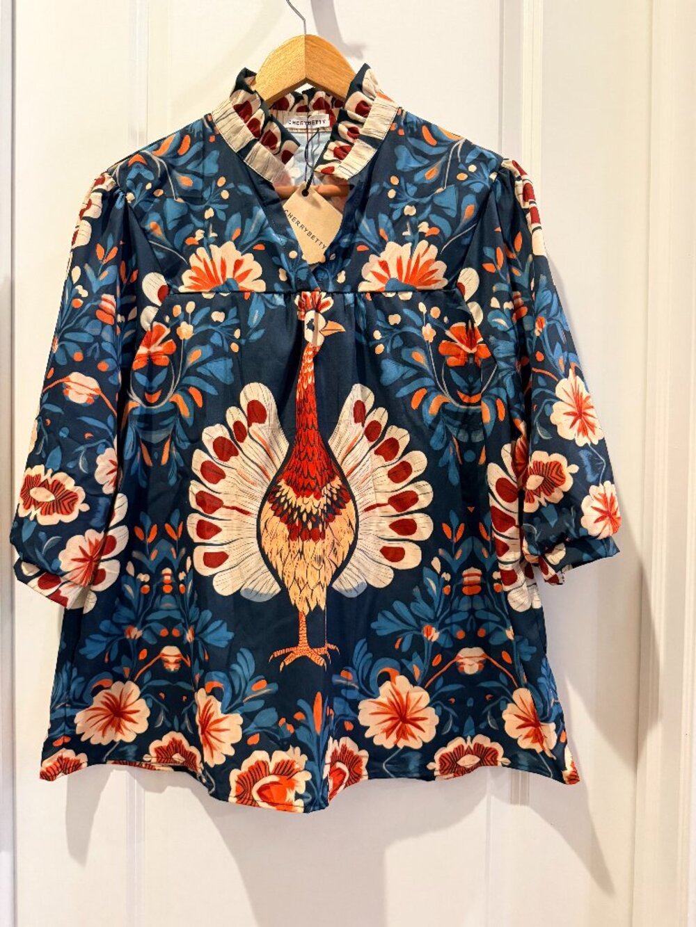 CherryBetty Peacock Floral Ruffle Neck Blouse Navy L NWT